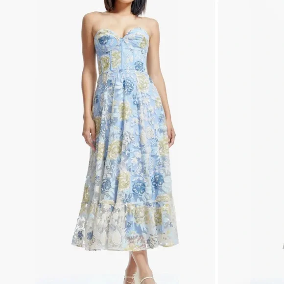 Carina strapless appliqué midi dress. Floral Strapless Dress - Picture 3 of 4